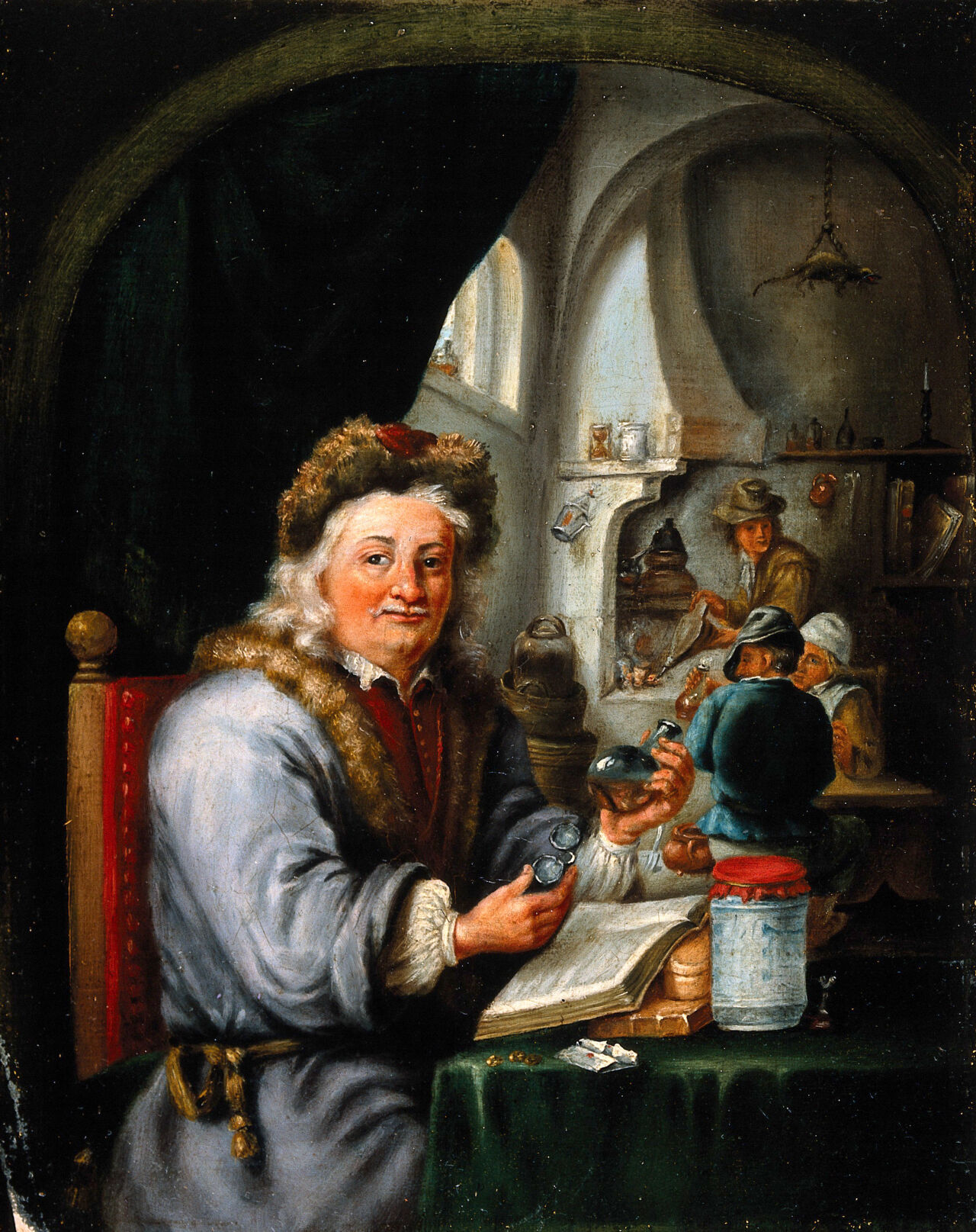 An alchemist in his laboratory. Oil painting after David Teniers the younger., by David Teniers the Younger