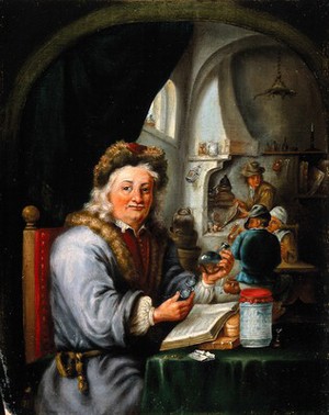 view An alchemist in his laboratory. Oil painting after David Teniers the younger.