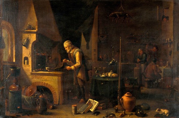 An alchemist in his laboratory. Oil painting by a follower of David Teniers the younger.