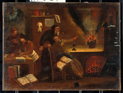 An explosion in a laboratory. Oil painting.