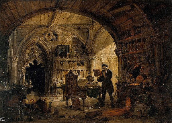 An alchemist in his laboratory. Oil painting by James Nasmyth.