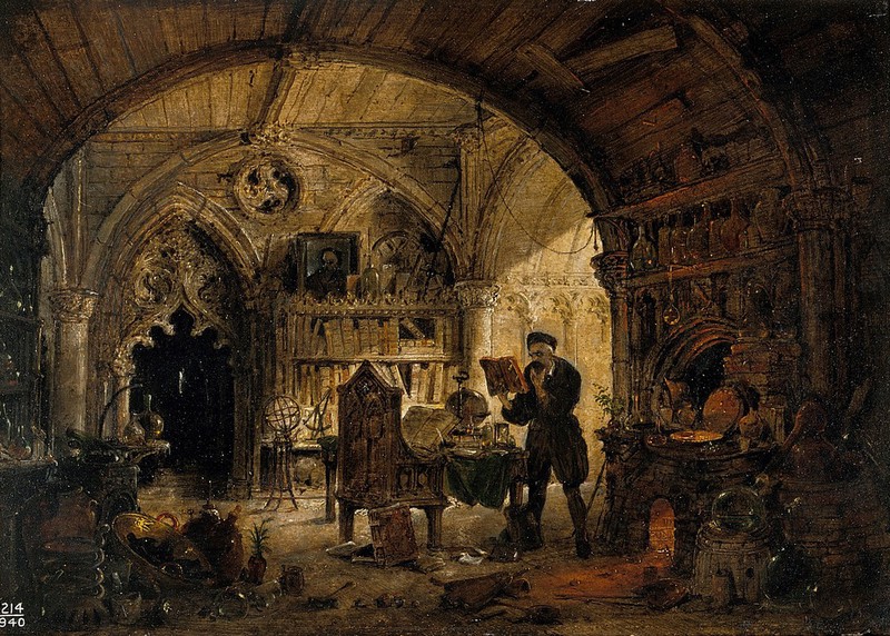 An alchemist in his laboratory. Oil painting by James Nasmyth., by James Nasmyth