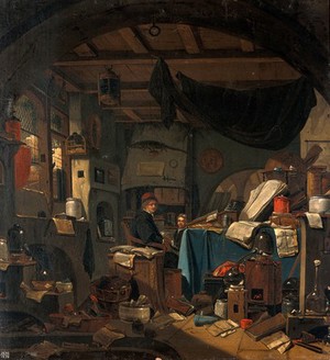 view Interior with an alchemist seated at a table, looking out of the picture. Oil painting by Thomas Wijck (Thomas Wyck).