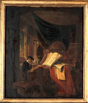 Interior with an alchemist seated at a table, writing. Oil painting by a follower of Thomas Wijck (Thomas Wyck).