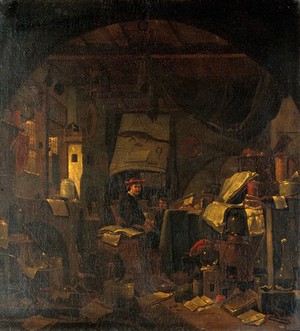 view Interior with an alchemist seated at a table, looking out of the picture. Oil painting by Thomas Wijck (Thomas Wyck).