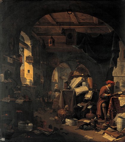 Interior with an alchemist. Oil painting by Thomas Wijck (Thomas Wyck).