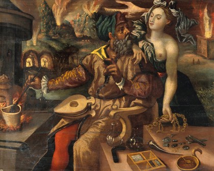 A young woman, perhaps Prudentia, warns an alchemist of the dangers of abusing fire: in the background fires rage in buildings and mines. Oil painting after Marten de Vos.