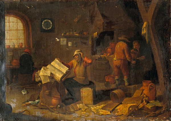 Interior with an alchemist seated in centre and his assistants to left and right. Oil painting attributed to M. van Helmont, 16--.