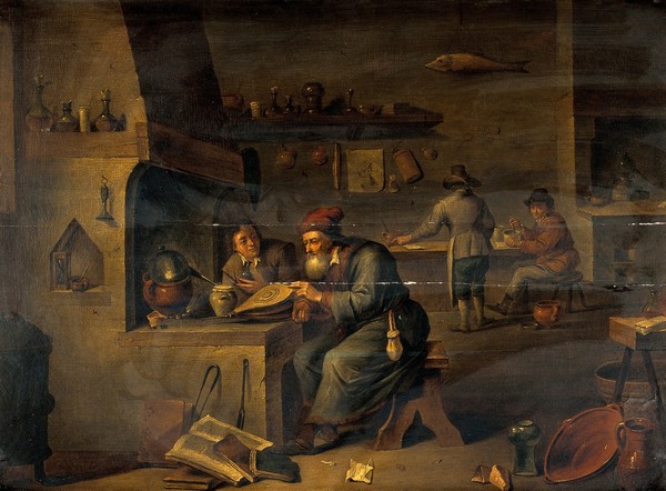 An alchemist in his laboratory. Oil painting by a follower of David Teniers the younger.