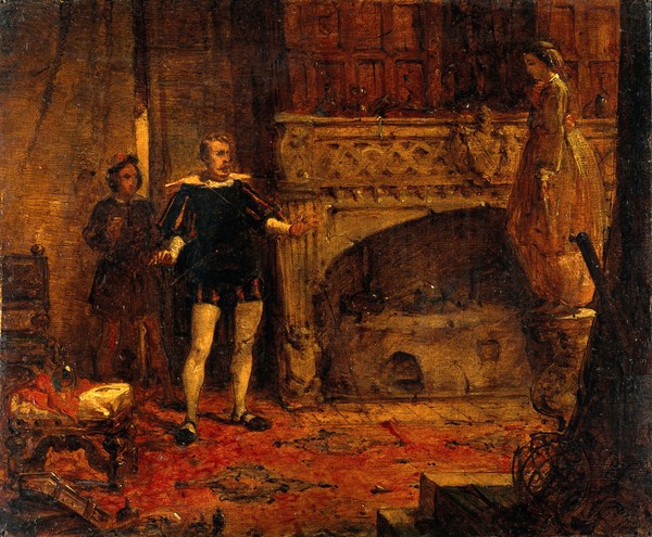 Scene from Sir Walter Scott's "Anne of Geierstein": Hermione takes refuge in the chemical laboratory of Sir Herman, an Austrian alchemist. Oil painting.
