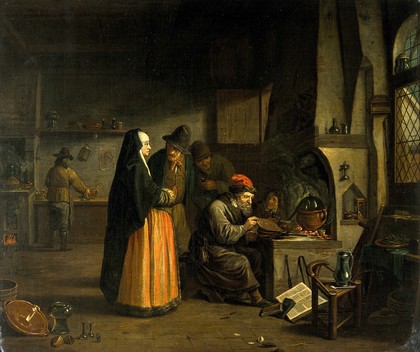 A lady visiting an alchemist in his laboratory. Oil painting attributed to Jan Josef Horemans, 17--.