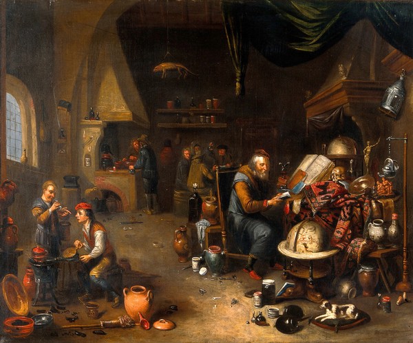 An alchemist in his laboratory. Oil painting by or after B. van den Bossche or G. Thomas.
