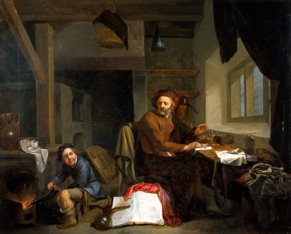 An alchemist making gold. Oil painting by Hendrik Heerschop, 1665.