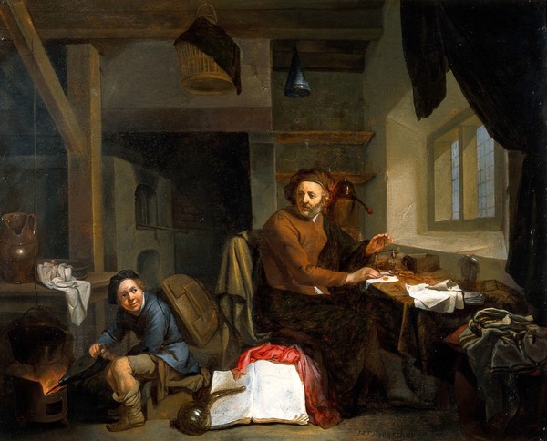 An alchemist making gold. Oil painting by Hendrik Heerschop, 1665.