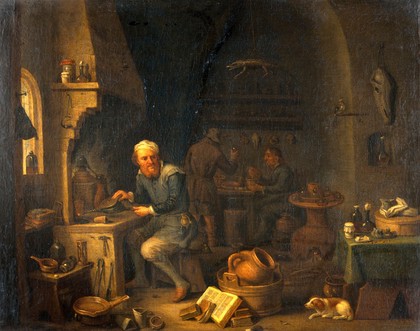 An alchemist seated at a furnace, turning away in thought. Oil painting by or after David Teniers II (?).