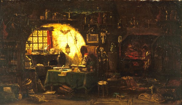 A philosopher in his study. Oil painting by Jesus Reguera.