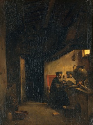 An alchemist applying bellows to a furnace. Oil painting by a follower (?) of François-Marius Granet.