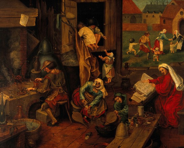 An alchemist. Oil painting after Pieter Bruegel.