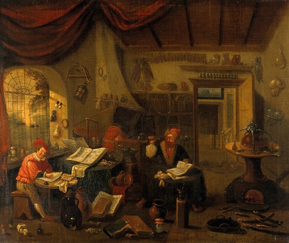 M0011050: Two scholars in a cabinet, one examining a urine flask