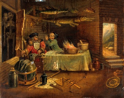 An explosion in a laboratory. Oil painting after W. Hogarth.