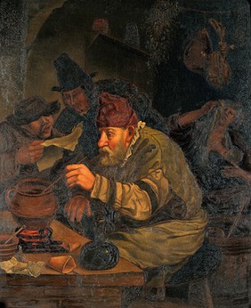 Alchemists. Oil painting after Jan Steen.