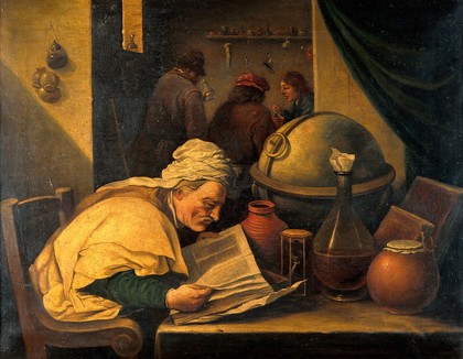 An alchemist in his laboratory. Oil painting after David Teniers the younger.