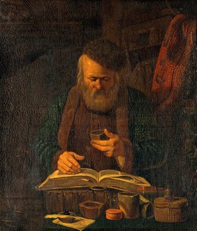 An alchemist or chemist examining a liquid. Oil painting attributed to Charles-Emile François, 1841.
