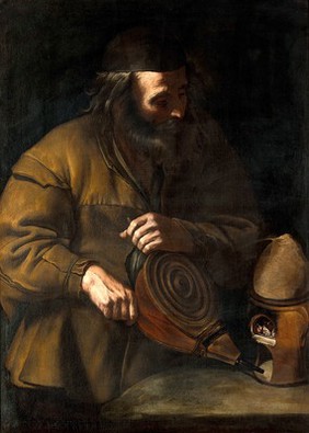 An alchemist applying bellows to a fire beneath a retort. Oil painting by a Neapolitan painter, 18th (?) century.