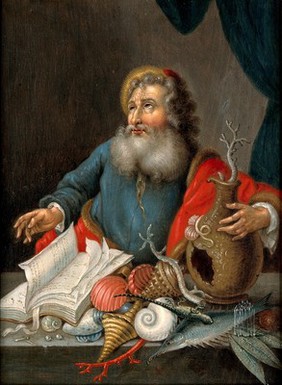 A man with coral, shells, fish, and a book. Oil painting by a German (?) painter, 17th (?) century.