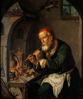 An alchemist blowing on a fire to heat a still (?). Oil painting attributed to Christian-Wilhelm-Ernst Dietrich, called Dietricy.