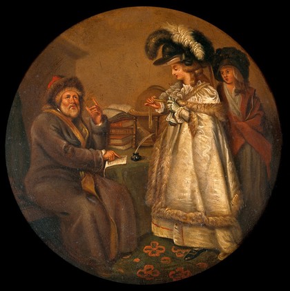 A man telling a lady's fortune. Oil painting after J.R. Smith.