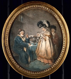 view A man telling a lady's horoscope. Colour stipple engraving by J.P. Simon, 1786, after J.R. Smith.