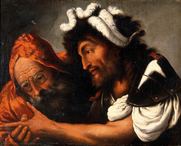 A fortune-teller reading the palm of a soldier. Oil painting by Pietro Della Vecchia.