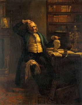 A phrenologist comparing his own head with a phrenological bust. Oil painting by Albert W. Holden.