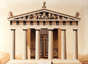 view The temple of Aesculapius at Epidaurus: the portico. Watercolour by G.M. Goring, 1911, after A. Defrasse.