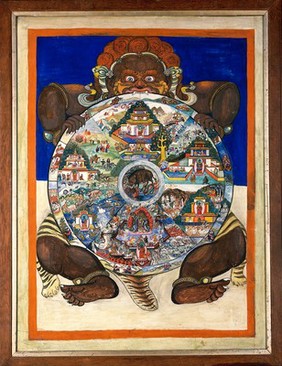 Yama holding the Bhavacakra or Wheel of life. Gouache.