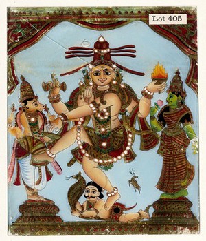 view Shiva Nataraja dancing on the demon Apasmāra, with Nandi bull (left) and Parvati (right). Gouache.