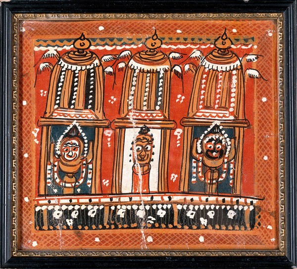 Balarāma, Subhadrā and Jagannāth in three shrines surmounted by winged domes. Oil painting by a painter of Puri, Odisha, ca. 1880/1910.
