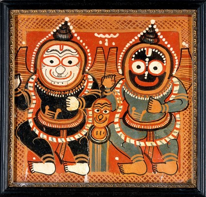 Balarāma and Jagannāth raising their right hands and holding their left hands in front of them, Subhadrā between them. Oil painting by a painter of Puri, Odisha, ca. 1880/1910.