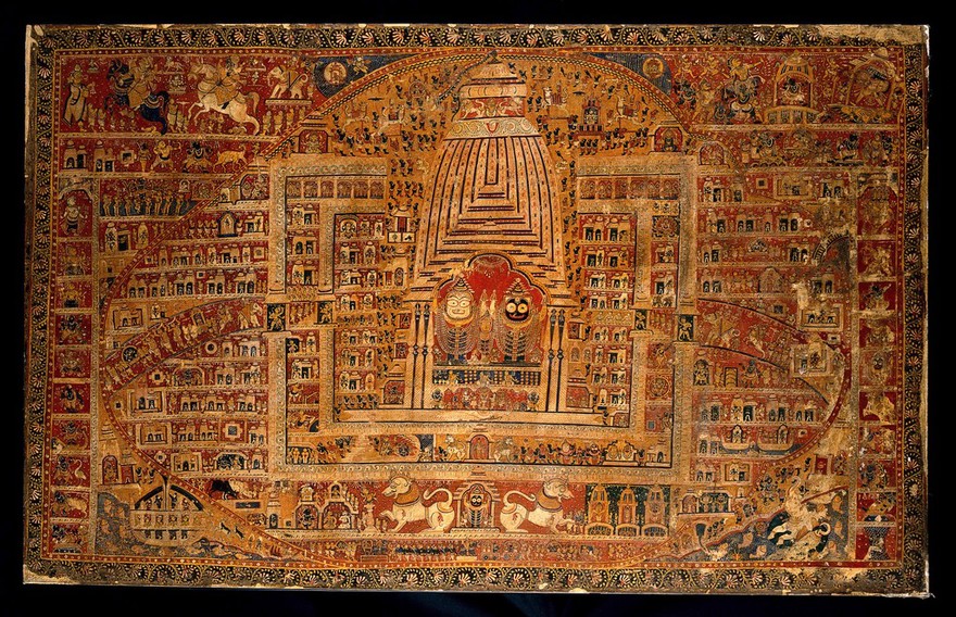 Balarāma, Subhadrā and Jagannāth in the temple at Puri, with many human and sacred figures, buildings and animals. Tempera painting by a painter of Puri, Odisha, ca. 1880/1910.