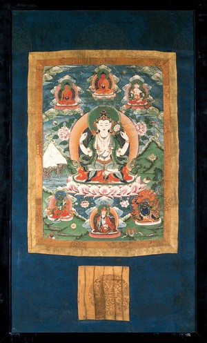 view The Bodhisattva Avalokiteśvara surrounded by other Buddhist deities. Distemper painting.