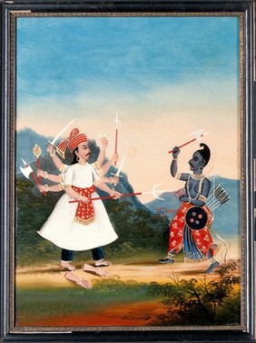 The king Kartavirya Arjuna (left) is attacked by Vishhnu as Paraśurāma (right). Oil (?) painting.