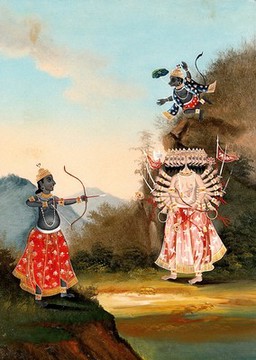 Rama (left) and Hanuman (above, right) fighting the demon Ravana (right). Oil (?) painting.