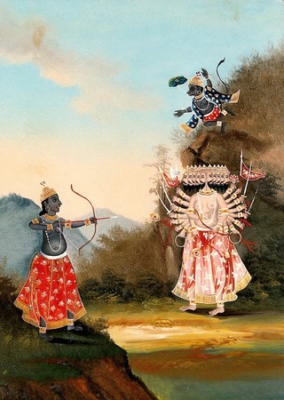 Rama (left) and Hanuman (above, right) fighting the demon Ravana (right). Oil (?) painting.