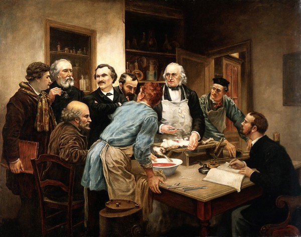 Claude Bernard and his pupils. Oil painting after Léon-Augustin Lhermitte.