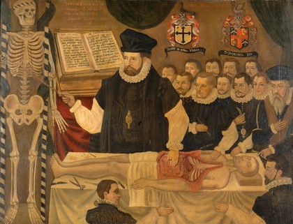 John Banester giving the visceral lecture at Barber-Surgeons' Hall, London, in 1581. Oil painting by Jack Orr,1913, after an English painter.