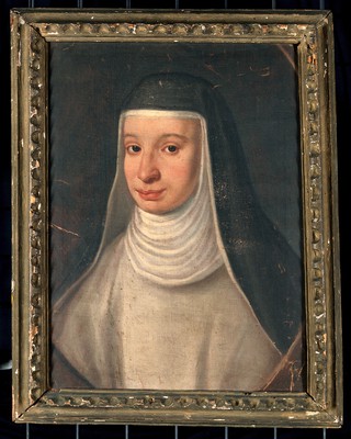 A nun, traditionally identified as Suor Maria Celeste, daughter of Galileo Galilei. Oil painting.