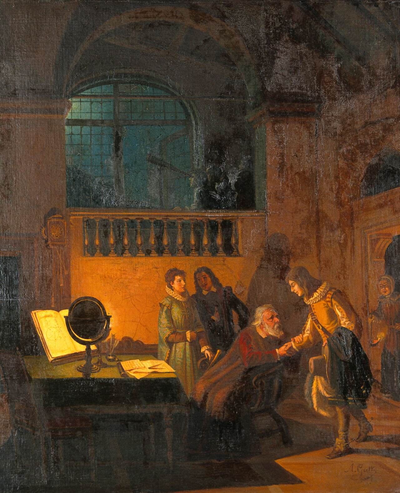 Galileo Galilei receiving John Milton. Oil painting by Annibale Gatti., by Annibale Gatti