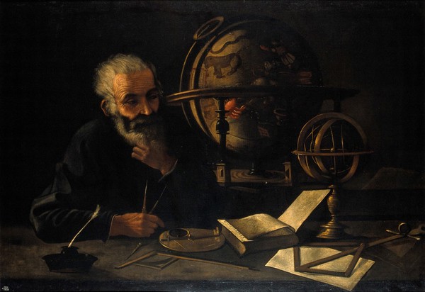 A philosopher with a celestial globe. Oil painting, ca. 162-.