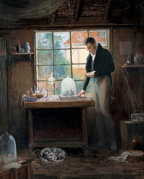 Henry Hill Hickman performing experiments on suspended animation. Watercolour and gouache by Richard Tennant Cooper, ca. 1912.